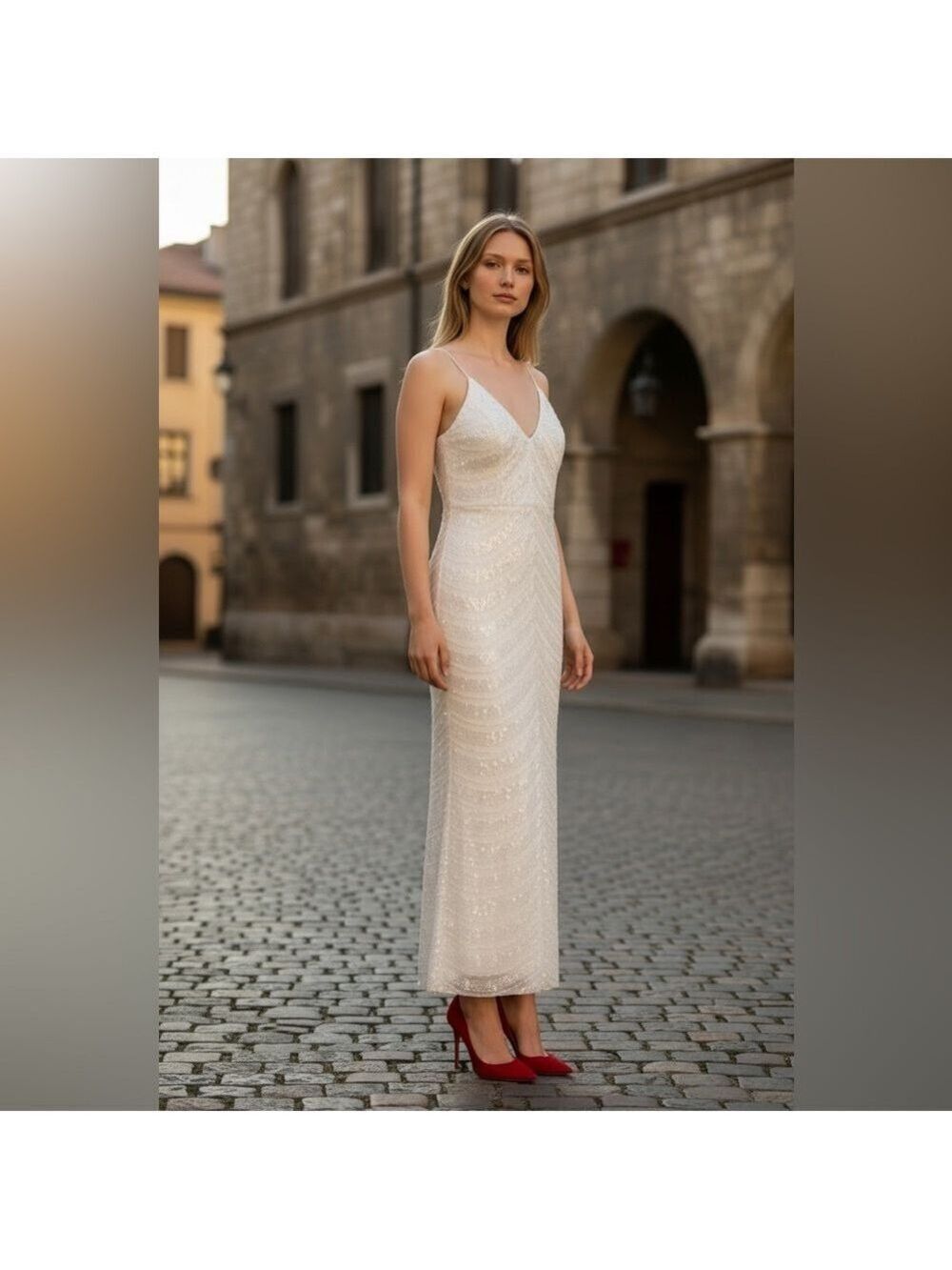 Hot Miami Styles White Pearl Sequin V-Neck Lined maxi Dress Small